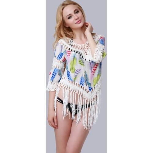 2021 Bohemian Fringed Knitted Summer Beach Dress Crochet Tunic Women Beachwear Sexy Deep V-Neck Half Sleeve Loose Cover Ups
