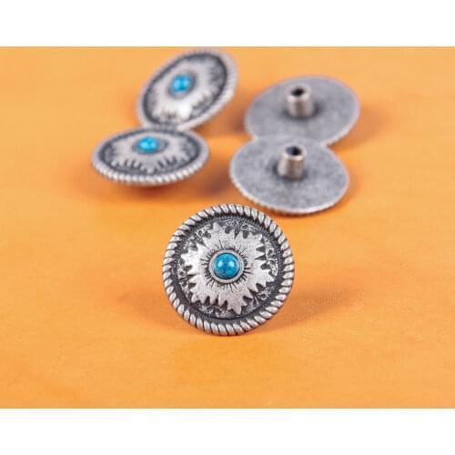 10PC 26X26MM Antique Silver Flower Turquoise Rope Edge Saddle Conchos For Leather Craft Screwback