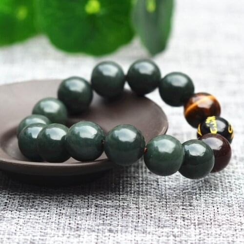 14mm Natural Green HETIAN Jades Stone Bracelets Tiger Eye Round Beads Bracelets Bangles Men Women Fahion Jades Stone Jewelry
