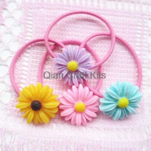 20pcs big 26mm daisy sunflower resin cabochon Ponytail Holder elastic hair band mix colors original handmade w/ gift box