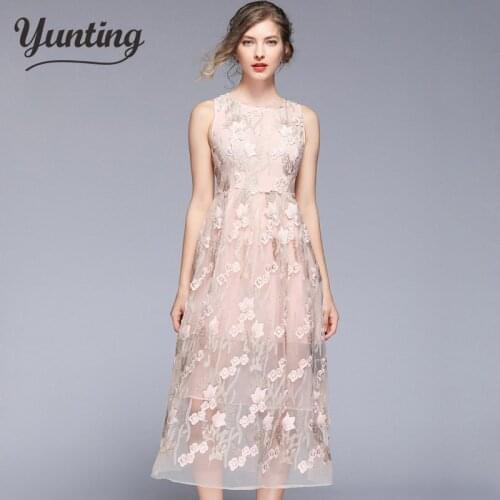 2019 A-line Lace Embrodery Dress Women Summer Sleeveless Long Swing Dresses OL Special Occasion Evening Party Vestidos