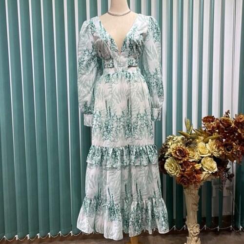 2021 Autumn Bohemian Long Dress Women Fashion Exposed waist design Flowers Printed Ruffles Holiday Dresses