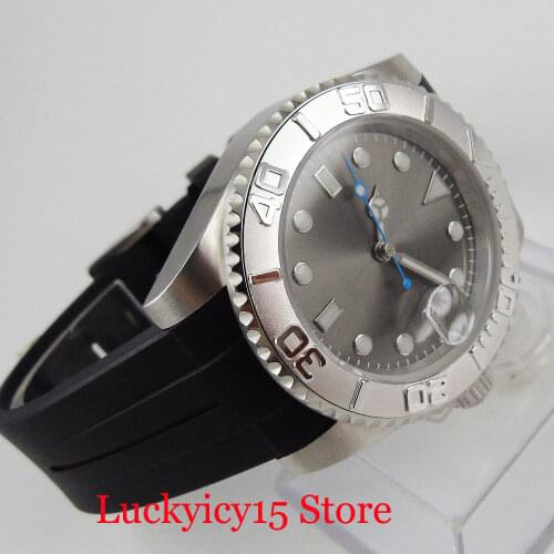BLIGER New Grey Stainless Steel Mechanical Male Watch Wristwatch 24 Jewels NH35 Movement Rubber Band Rotating Bezel Steel Case