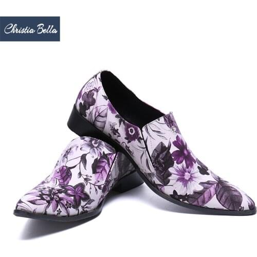 Christia Bella New Fashion Genuine Leather Printing Men Business Shoes Big Size Slip on Pointed Toe Formal Dress Men Party Shoes