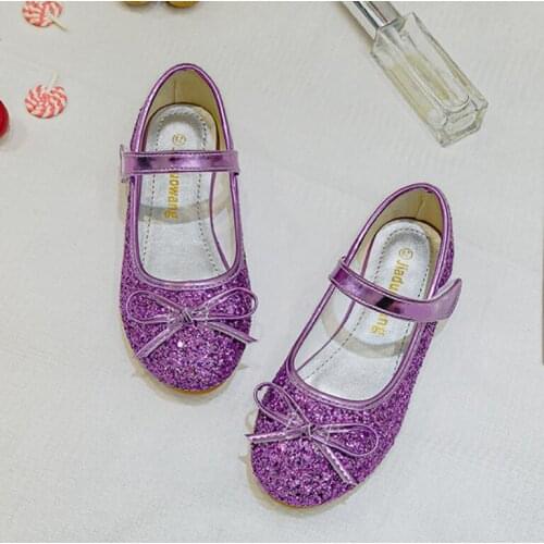 Princess Kids Leather Shoes for Girls Flower Casual Glitter Children Girls Shoes Butterfly Knot Blue Pink Silver
