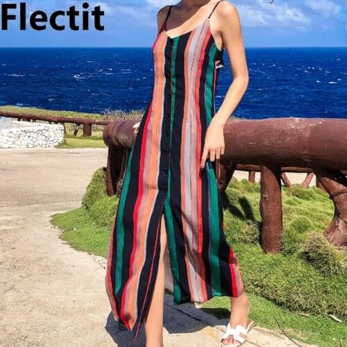 Flectit Multicolor Stripe Button Front Maxi Cami Dress with Back Cutout Long Dress Womens Summer Holiday Boho Dress
