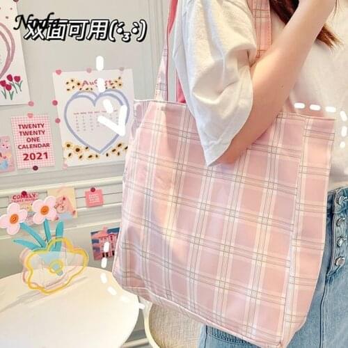 Women Plaid Canvas Shoulder Bag Female Sides Bag Eco Environmental Shopping Bag Girl Simple Literary Checked Handbag Tote