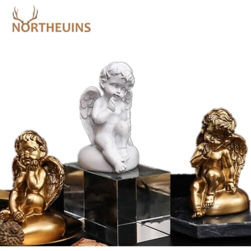 NORTHEUINS 8cm Resin White Golden Mini Angel Figurines Nordic Creative Character Home Living Room Decoration Accessories Decor