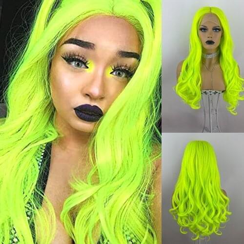 Baicheng Fluorescent Green Synthetic Wigs for Women Long Wavy Hair Green T Part Wigs Cosplay Wig Glueless Heat
