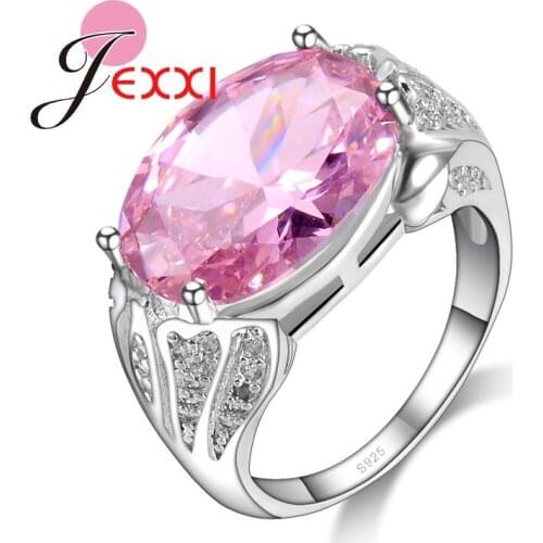 Hot 925 Sterling Silver Bridal Wedding Accessories Finger Ring Oval Cut Pink Cubic Zirconia Crystal Band Rings Bijoux