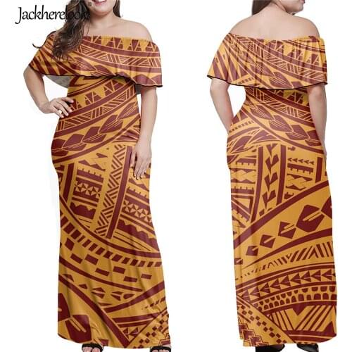 Jackherelook Vintage Polynesian Tattoo Tribal Samoa Print Off Shoulder Dresses Women Elegant Vestdios Summer Long Maxi Dress 7XL