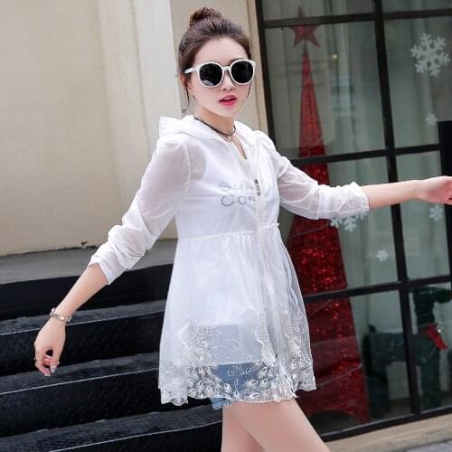 Summer Women Zipper Hooded Sunscreen Clothes Quick Drying Skin WindBreaker Anti Uv400 Jacket Lace Sun Protection Beach Coat