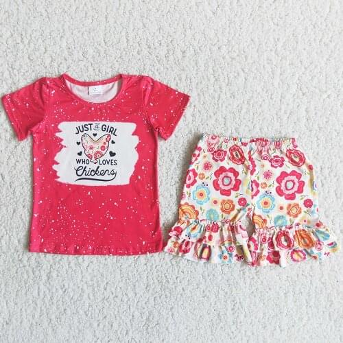 Hot Sale Baby Girls Designer Clothes Fashion Summer Outfits Chicken Print Match Floral Ruffle Shorts Boutique Kids Clothing Sets