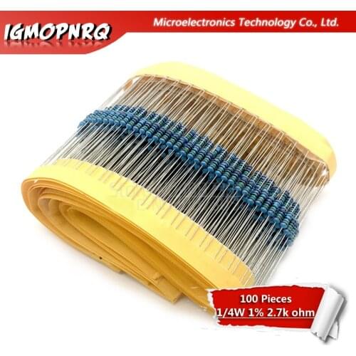 1Lot 100PCS 1/4W 2.7K 1/4W-2.7K ohm 2.7K ohm 2.7Kohm Metal Film Resistor 0.25W 1% High Quality