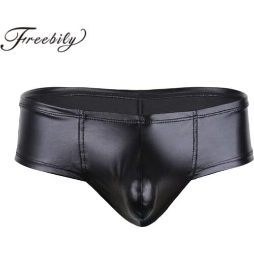 Men Sexy Faux Leather Wide Elastic Waistline Low Rise Pouch Bikini Briefs Underwear For Lingerie Night Or Self Pleasure