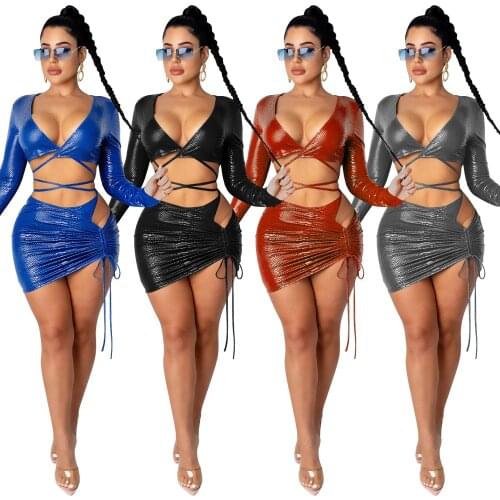 Lace Up Two Piece Set Skirt Women Sexy Club Night Party Long Sleeve Crop Tops + Tie Up Ruched Midi Skirt 2020 Autumn Outfits