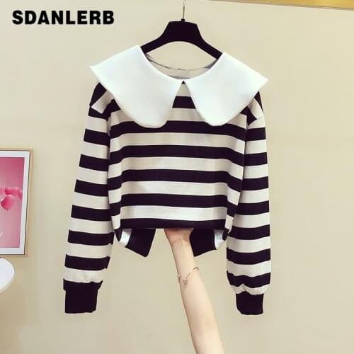2021 Spring New Fashion Peter Pan Collar Lapel Long Sleeve Striped Pullover Sweatshirt Womens Casual All-Matching Tops