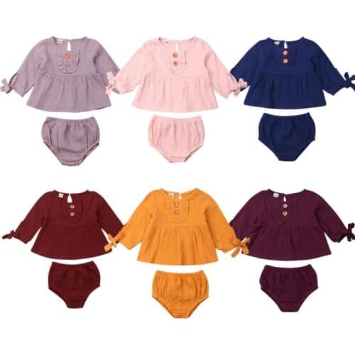 Baby Girl Clothes 2019 Toddler Baby Girl Solid Clothes Long Sleeve Tops Shorts Cotton Linen Outfits