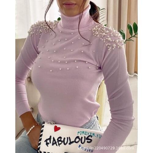 Autumn new style long-sleeved tops with wool Slim fashion womens casual foam beads decorated high-necked long-sleeved sweater