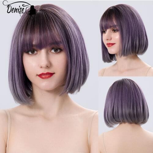 Short Purple Straight Ombre Cosplay Nutural Synthetic Wigs With Bangs For White Women Daily Heat Resistant Female Fiber Bob Wig