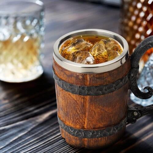 500ml Beer Mug Wooden Barrel Beer Cup Big Drinking Mug for Birthday Gift Barrel Wine Tumbler Double Wall Insulated Beer