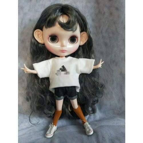 Blythes doll dress 1/6 size stylish white or black design versatile T with black or blue cuffed jean shorts 2 pieces suit