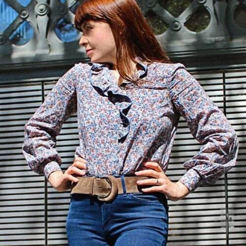 Retro Floral Print Blouse Woman Ruffles V Neck Sexy Chic Elegant Vintage Blouse 2021 Camisas Mujer Shirts chemisier femme