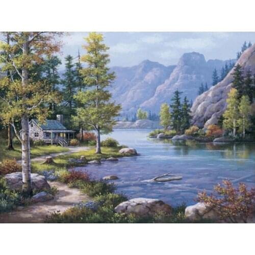Handmade oil painting on canvas Lakeside Lodge Classic wall art landscape pictures home decoration