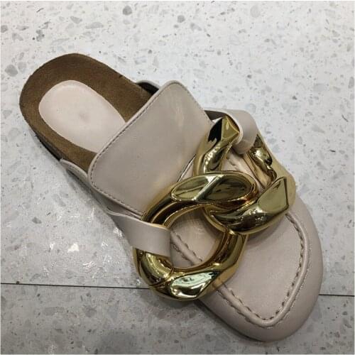 Brand Design Women Slipper Fashion Big Gold Chain Sandals Shoes Round Toe Slip On Mules Flat Heel Casual Slides Flip