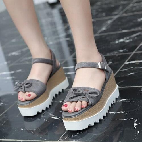 Wedge Sandals Women Summer Bowtie Thick Bottom High Heel Peep Toe Women Sandals Buckle Summer Shoes