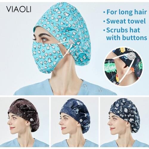 Unisex cotton scrubs women cap for long hair Multicolor cute print Scrub hats laboratory pet shop Caps beauty salon working caps