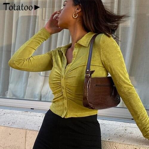 Totatoop Spring Autumn Long Sleeve Buttons Ruched T Shirts For Women 2021 Sexy Turn Down Collar Slim Crop Top Streetwear Casual