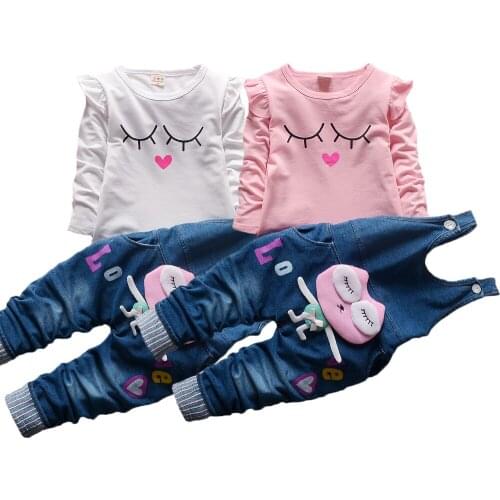 Frog Clothing Set For Girls Spring Full Sleeve Shirt + Overalls Jeans Suit For Kids Birthday Present Toddler Children Clothes