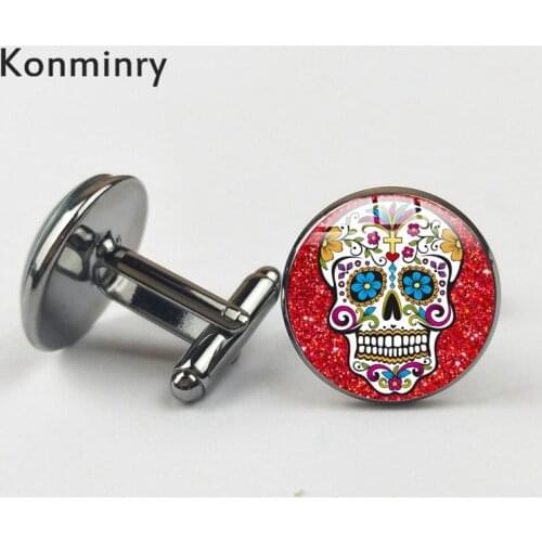 Vintage Red Color Skeleton Cuff Links Glass Dome Metal Cufflinks For Men Gifts Mexico Sugar Skull Shirt Suit Jewelry Konminry