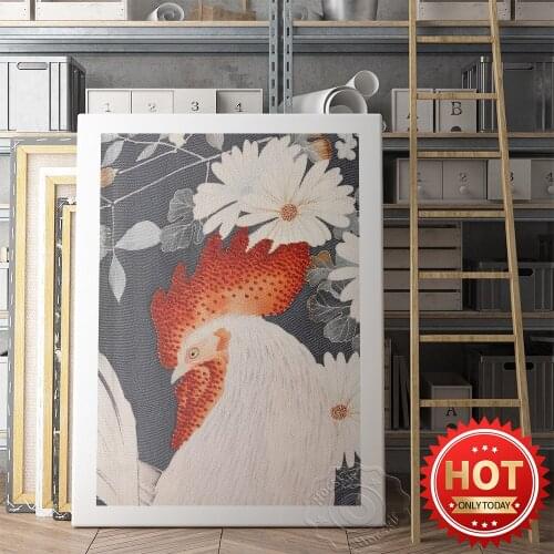 Japanese Kimono Fabric Rooster Pattern Illustration Poster, Vintage Rooster Wall Art Prints, Animal Canvas Painting, Home Decor