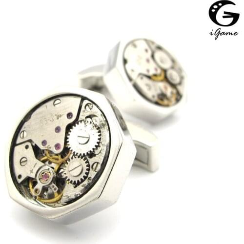IGame New Arrival Watch Movement Cuff Links Silver Color Mechanical Design Quality Brass Material Men Cufflinks Free Shipping