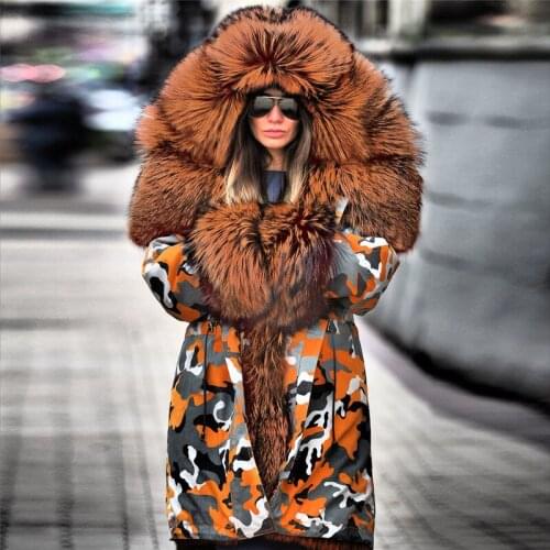 2020 New Plush Camouflage Parka Fashion Faux Fur Collar Winter cotton Jacket European Women Long sleeve Hooded Parkas Coat 2XL