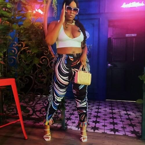 Spring Autumn Women Long Jogger Sweatpant Activewear Striped Print Tassels Pant Trouser Casual Female High Waist Sporty Capris