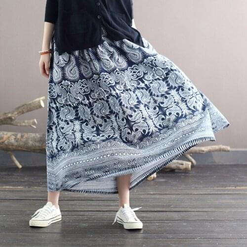 Women Loose Elastic Waist Cotton Linen Printed Skirts Ladies Spring Autumn Skirt Female 2021 Skirts