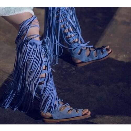 Hot Blue Suede Leather Women Knee High Boots Sexy Blue Tassel Ladies Gladiator Boots Summer Fashion Flat Boots Female Dress Shoe