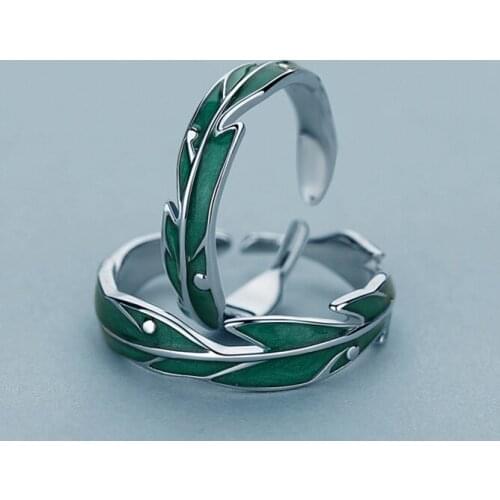 Fanqieliu Creative New Design Ethnic Style Lovers Rings Dark Green Banana Leaf Silver Color Ring For Women FQL20177
