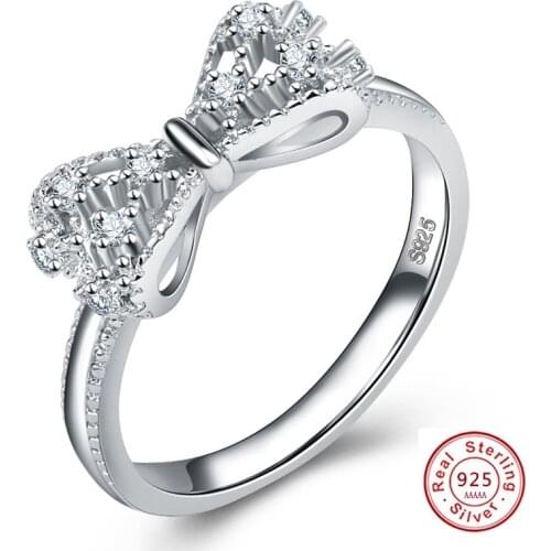New Arrival Lovely Bowknot Design Female Silver Color Jewelry Ring with Micro Paved Bow Tie CZ Stones for Girl Birthday