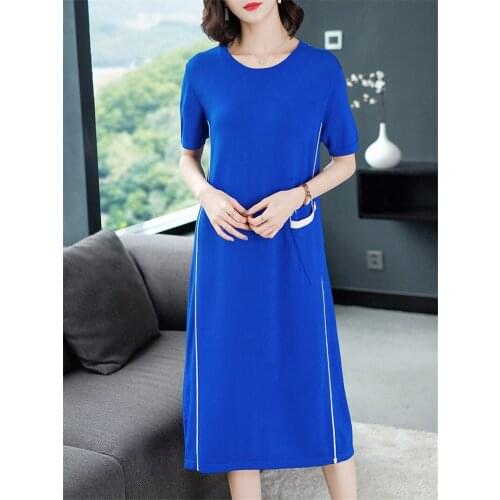 Mid-length Knitted Dress Female Korean Loose 2020 Summer Short-sleeve Big Size Casual Dress Women Thin Sweater Shirt Robes K832
