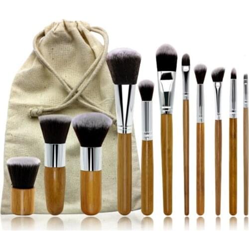 11pcs ecofriendly bamboo handle makeup brushes set with cloth bag