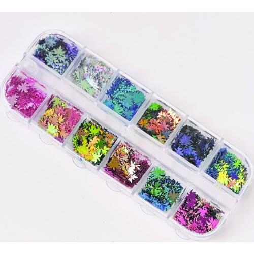 12 Grids/Sets Autumn Maple Leaves /Holographic Butterfly Fall Nail Glitter Sequins Mixed Chameleon Sticker For Nail Art PGH346