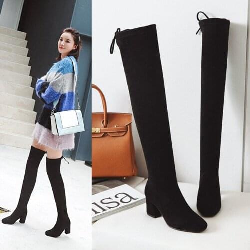 2020 Women Over The Knee High Boots Slip on Winter Shoes High Heel Pointed Toe All Match New Women Boots Size 34-43