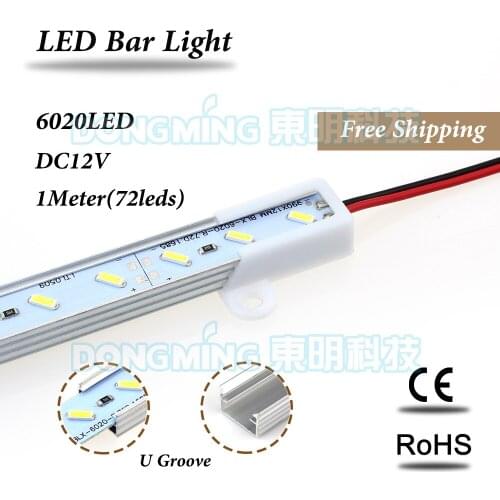 50pcs no waterproof 100cm led rigid strip light 1m white/warm white led bar light 6020 72led/m 12V U/V groove aluminum