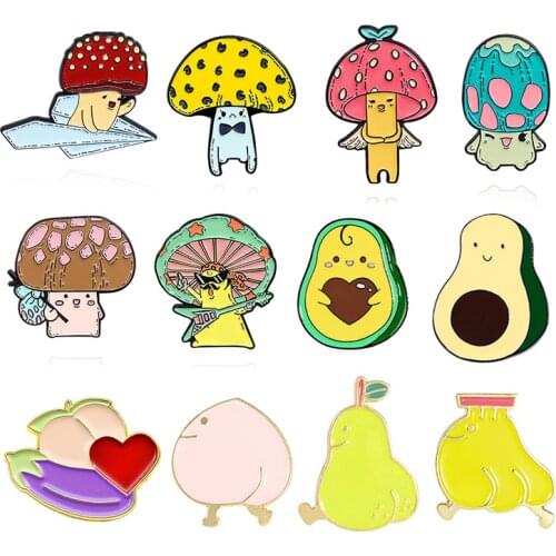 Color mushroom Happy fruit Enamel Brooch Cartoon ass Long leg peach pear banana Lapel Pin Eggplant and peach love Creative badge
