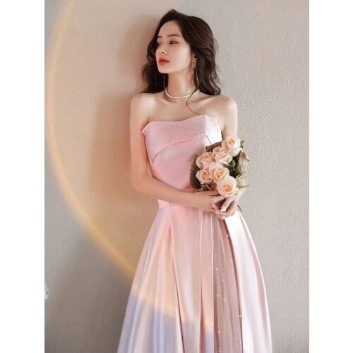 Baby pink long sweat elegant sleeveless lady girl women princess banquet party ball prom dress gown free shipping