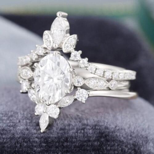EDI Solid 14k White Gold Crown Bridal Wedding Set Brilliant Oval Cut Moissanites Engagement Ring Curved Band Anniversary Gift